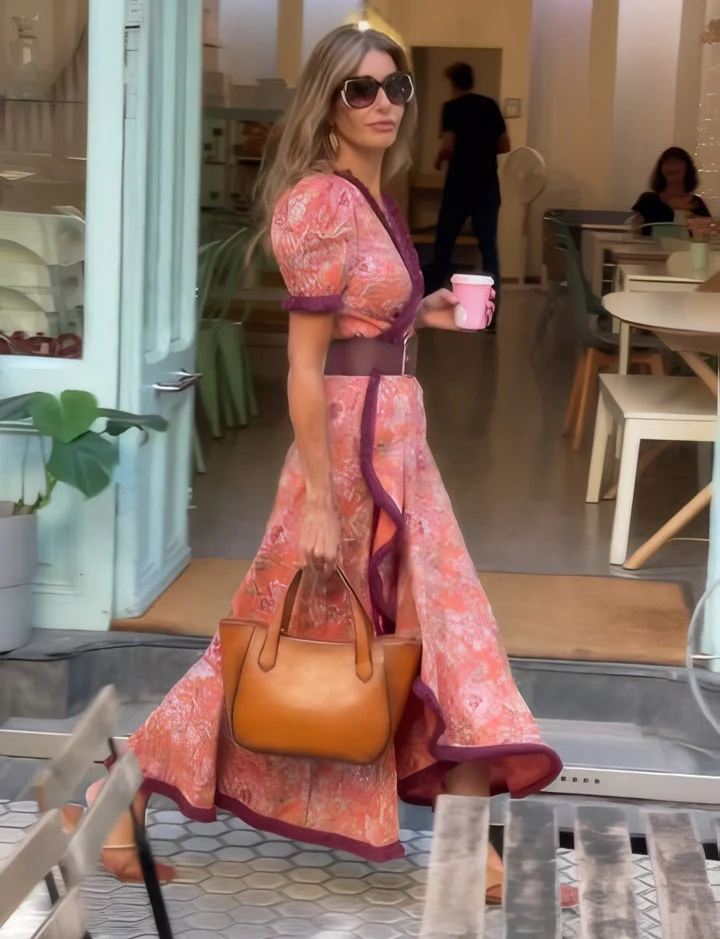 Şık Pembe Maxi Elbise Kısa Kol