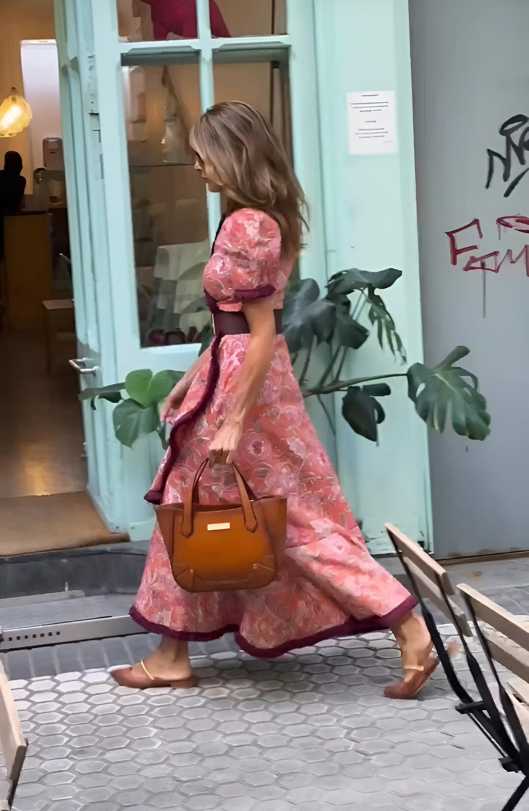 Şık Pembe Maxi Elbise Kısa Kol