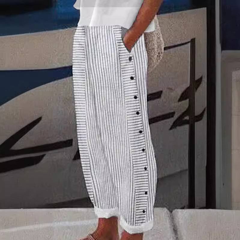 Sera™ | Çizgili Düğme Detaylı Pantolon